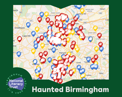 Text reads: Haunted Birmingham at the bottom the image shows many geo-tags in red, blue and yellow dotted around a map of Birmingham