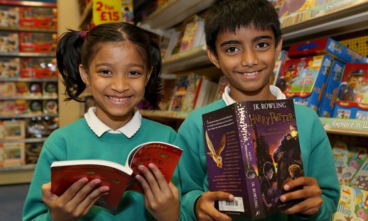 Pupils with their newly chosen books at Elk Mill Shopping Centre in Oldham.JPG
