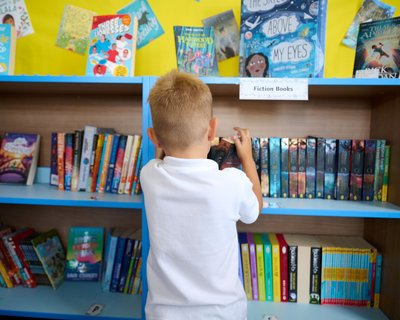 Primary pupil explores school bookshelves