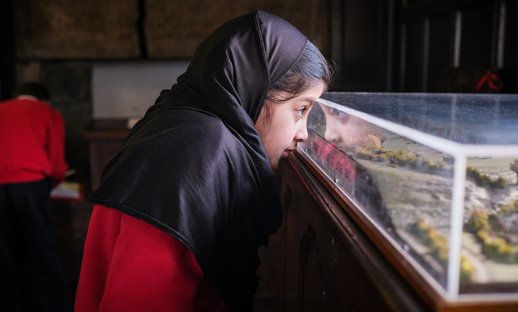 Primary pupil looking at a museum exhibit