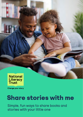An image of share stories with me booklet, containing a child looking and laughing at books with her dad
