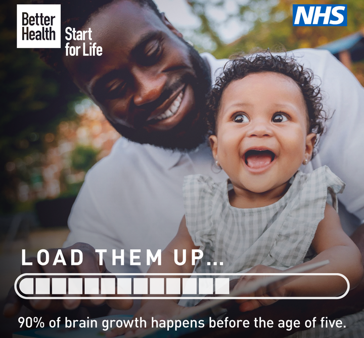 An adult and child sit together outdoors. The adult is holding the child, who is wearing a light-colored dress. Logos for 'Better Health Start for Life' and 'NHS' appear in the top corners. At the bottom, a progress bar is shown with blocks filling