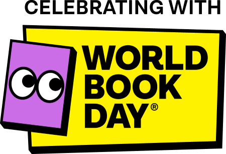 World Book Day logo graphic of eyes peeping from a pink book on yellow background
