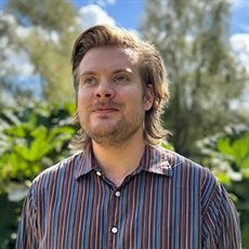 Person wearing a long-sleeved, multicolored striped shirt standing outdoors in front of lush green foliage and trees under a bright blue sky with scattered clouds.